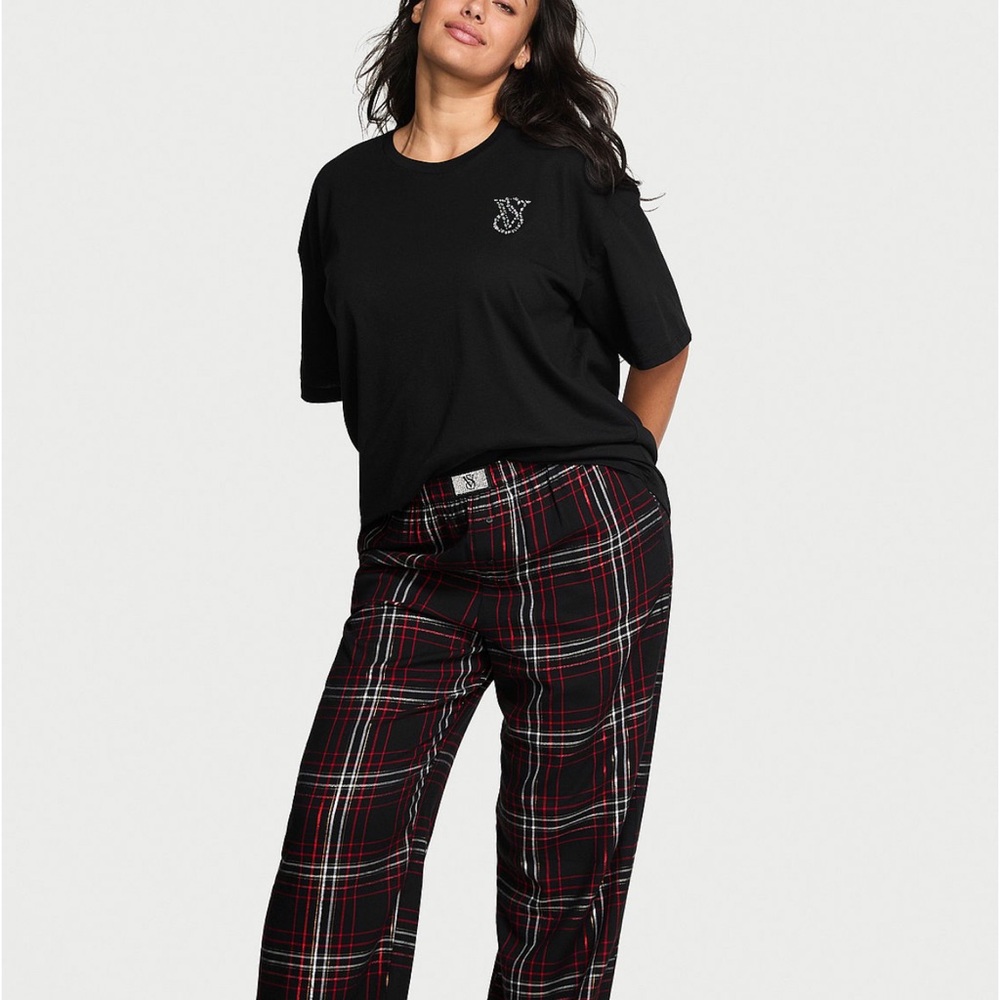 Victoria’s Secret Black Crystal‎ Logo Graphic Tee and Plaid Pajama Pants Set